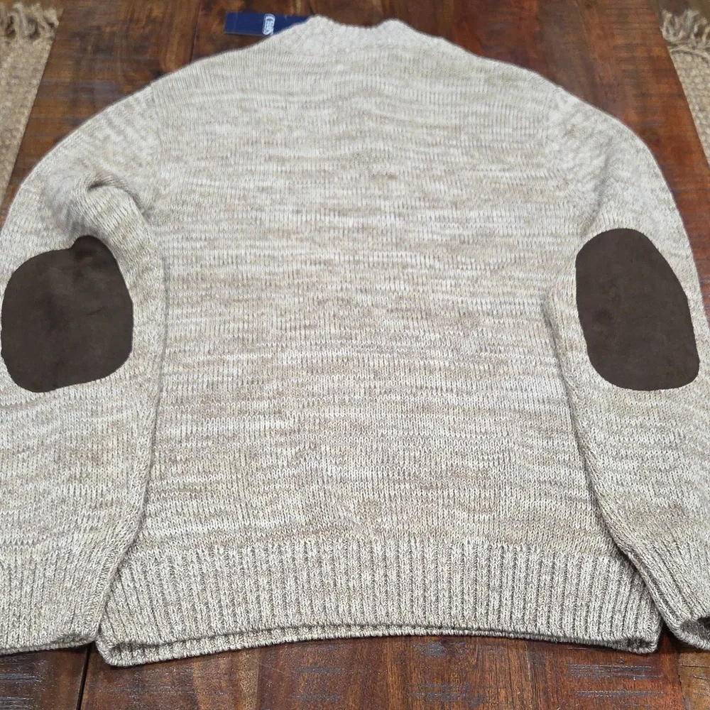 Chaps Beige Quarter Button-Up Sweater with Brown Elbow Patches NWT